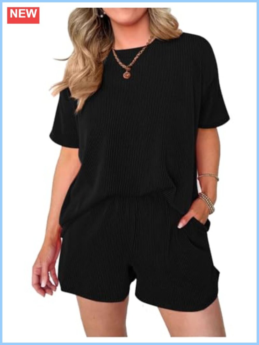 Ribbed Knit 2 Piece Shorts Set Short Sleeve Pocket Lounge Beach Vacation